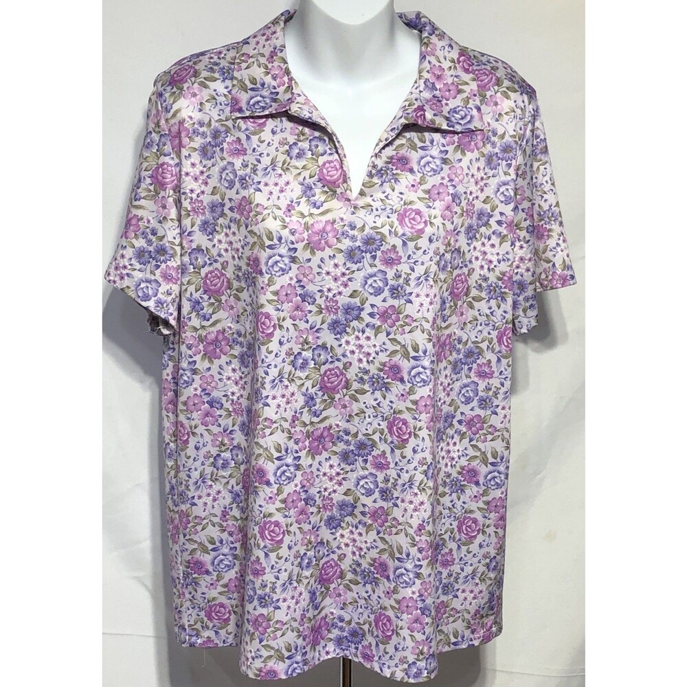 Haband top L Purple floral Cottage Shortsleeve V Neck Collar 3/4 Sleeve Spring